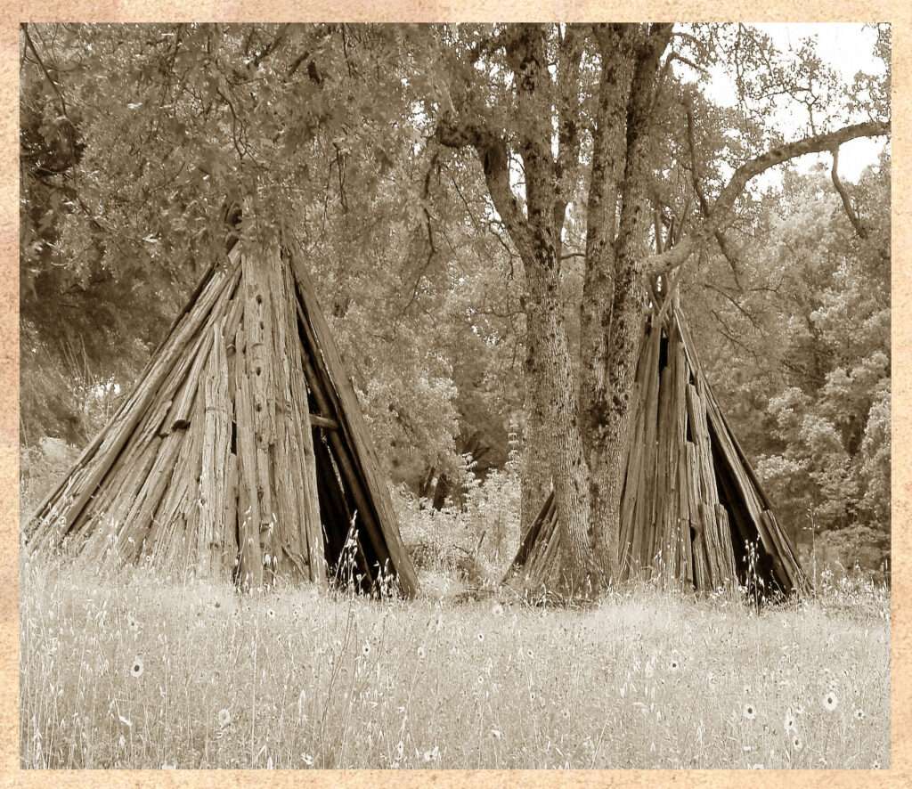 Cone shaped structured made out of cedar near woods